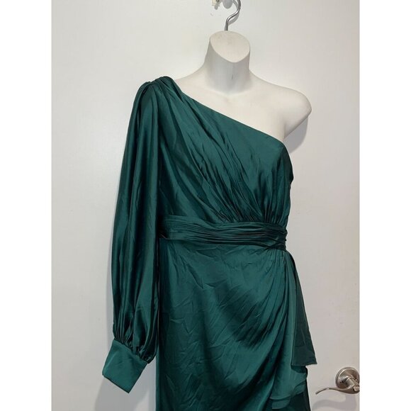LEENA For Mac Duggal Emerald One-Shoulder Satin Ruffle Cocktail Dress Size 6 Wom - Picture 4 of 9